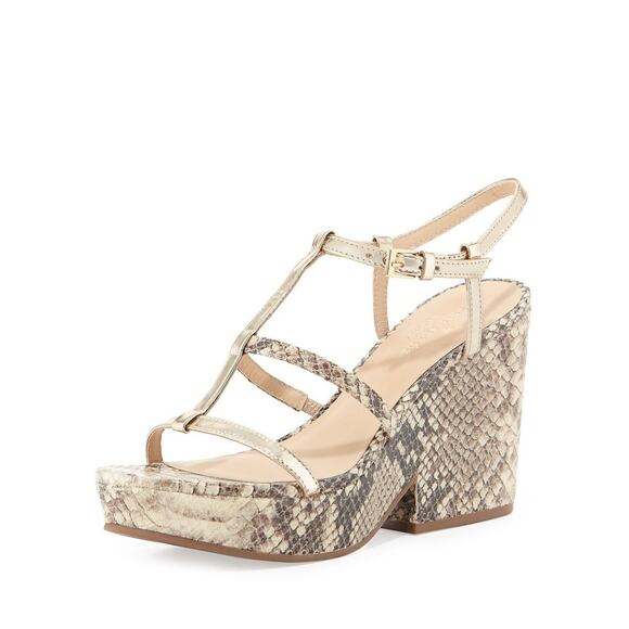 Kate Spade Venezia Snake Print Platform Sandals 7.5M Metallic Leather Italy - Picture 1 of 11